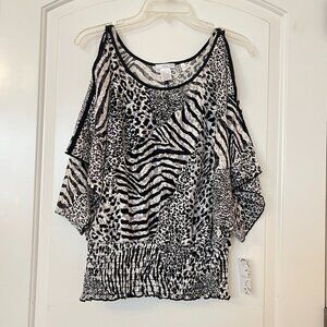 New Halo Blouse Small Cold Shoulder Mesh Attached Cami Tank Top Animal Print NWT